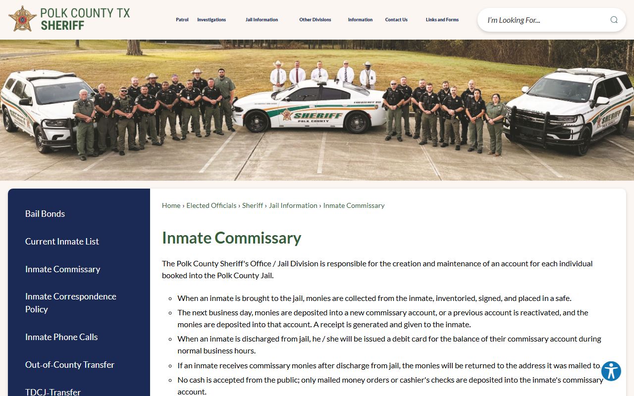 Polk County Jail commissary deposit instructions for inmates