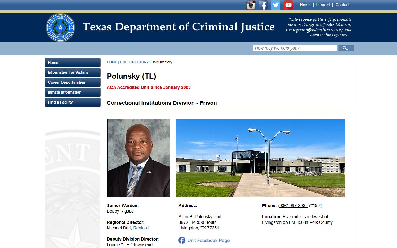 Allan B. Polunsky Unit TDCJ directory for inmate search details