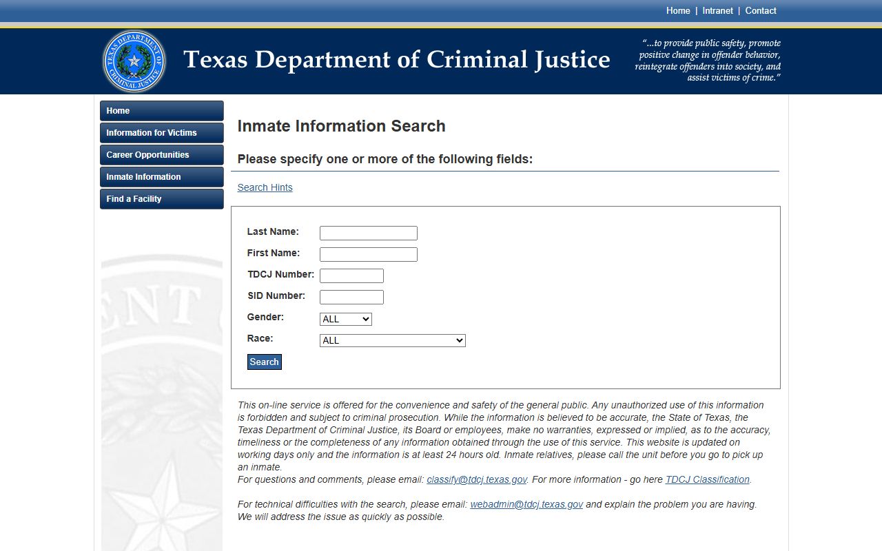 TDCJ inmate search form for Allan B. Polunsky Unit lookup