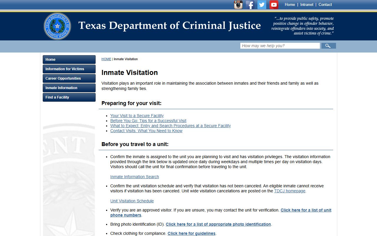 TDCJ visitation guidance for Allan B. Polunsky Unit inmates